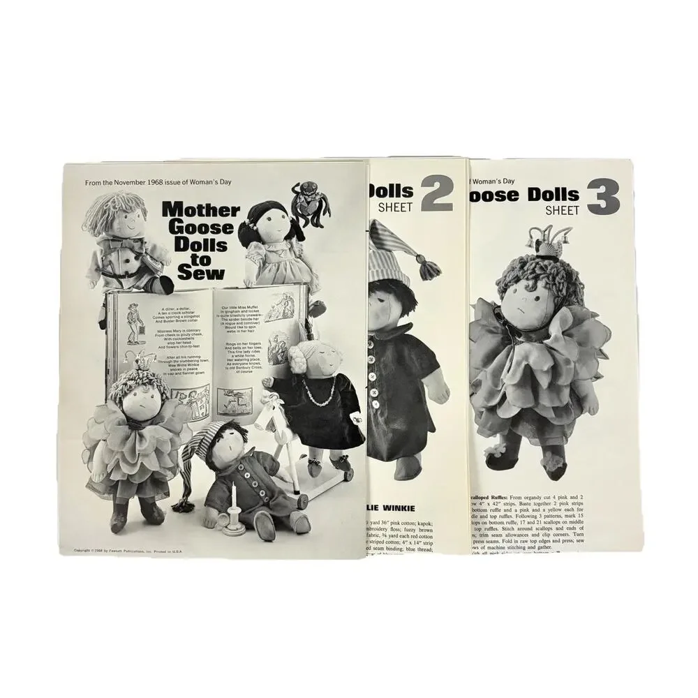Woman's Day Mother Goose Dolls Sewing Pattern 6 Plush Cloth Doll VTG 1968